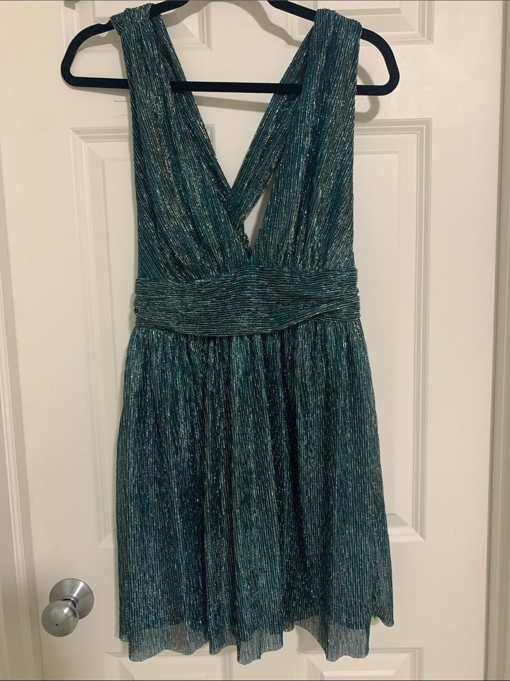 Lulu's Teal Metallic Pleated V-Neck Party Dress